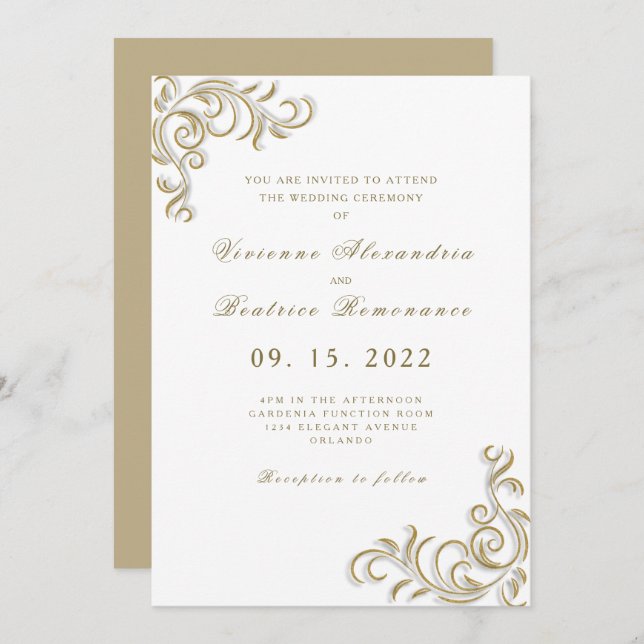 Elegante invitación de boda de oro para dos novias (Anverso / Reverso)