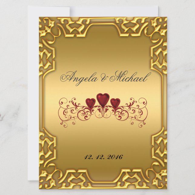 Elegante Invitación de Boda de Oro Rojo Corazones (Anverso)
