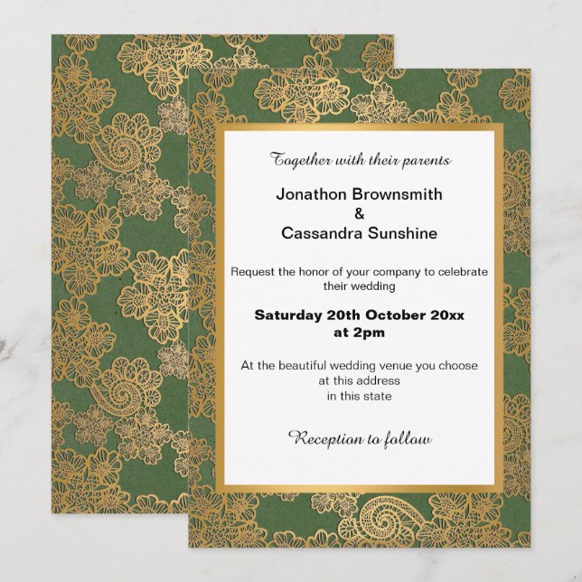 ELEGANTE INVITACIÓN DE BODA DE ORO VERDE EN BLANCO (Anverso / Reverso)