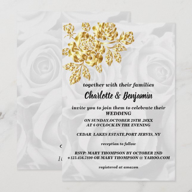 Elegante Invitación De Boda De Oro Y Rosas Blancas (Anverso / Reverso)