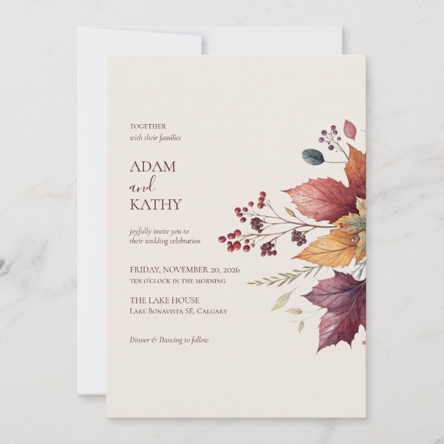 Elegante Invitación de Boda de Otoño con Hoja de A (Anverso)