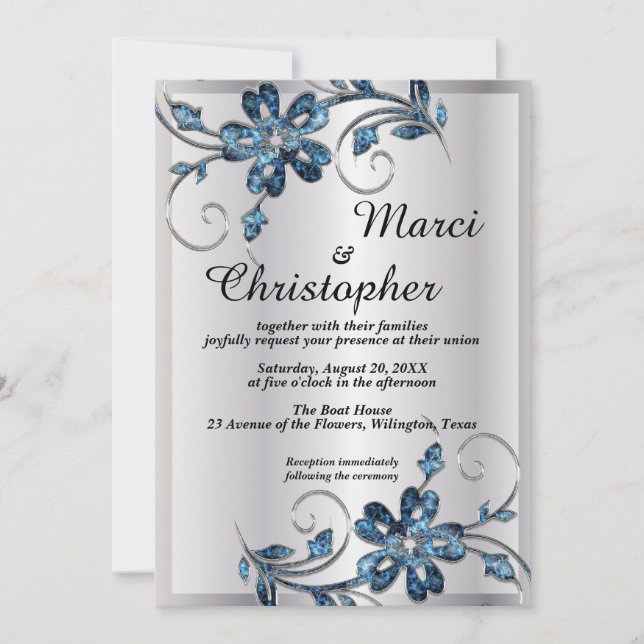 Elegante invitación de boda de plata y azul (Anverso)