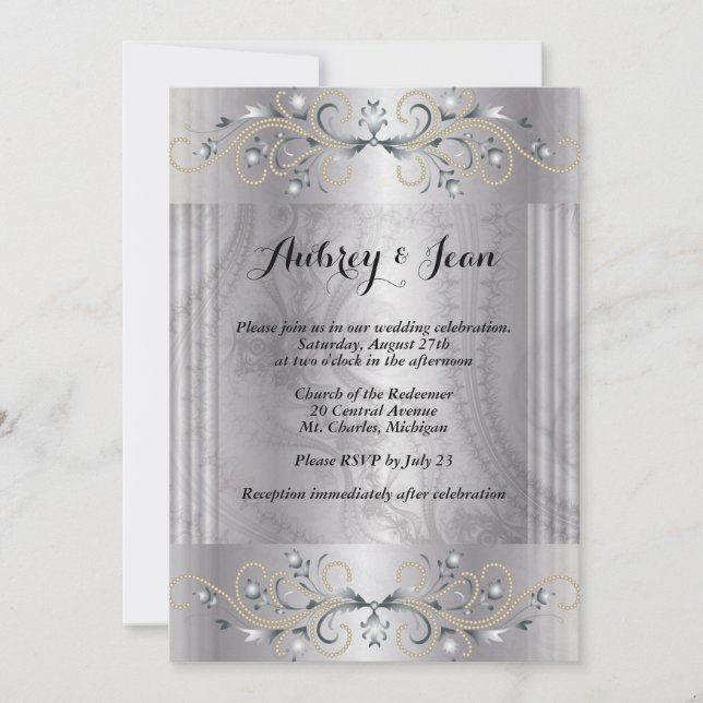 Elegante invitación de boda de plata y negro (Anverso)