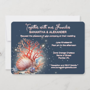 Elegante Invitación de Boda de Playa Azul Coral