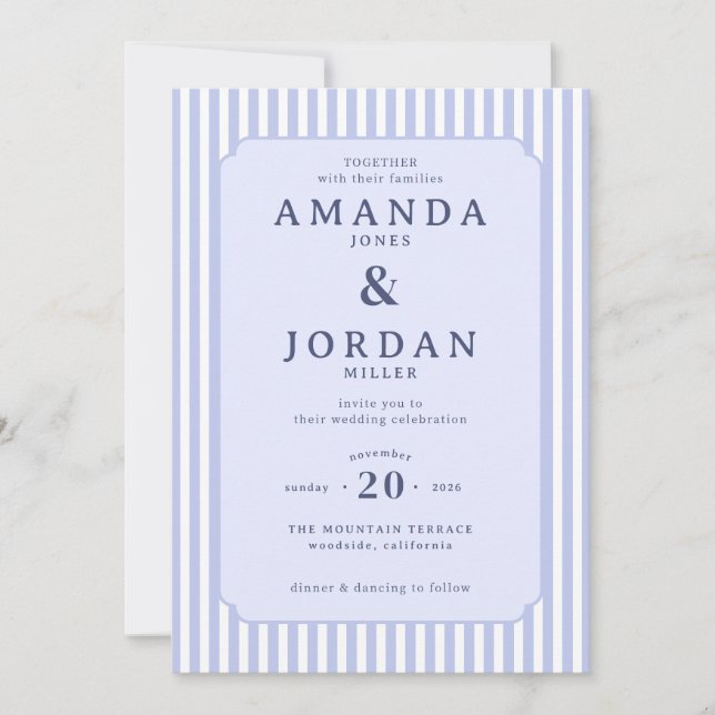Elegante Invitación de Boda de Rayas Azules (Anverso)