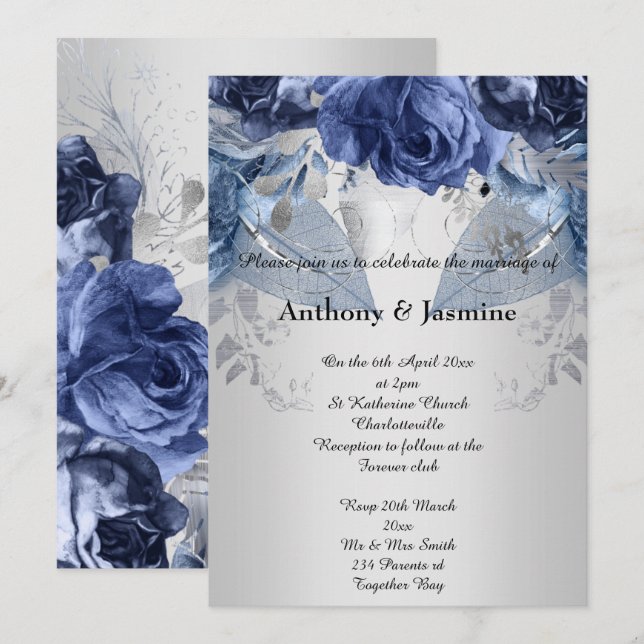 ELEGANTE INVITACIÓN DE BODA DE ROSA FLORAL DE NAVY (Anverso / Reverso)