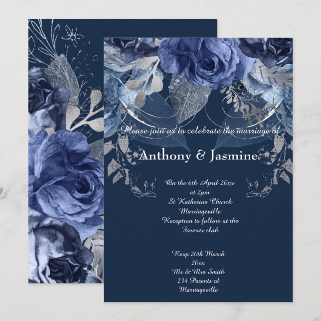 ELEGANTE INVITACIÓN DE BODA DE ROSA FLORAL NAVY (Anverso / Reverso)