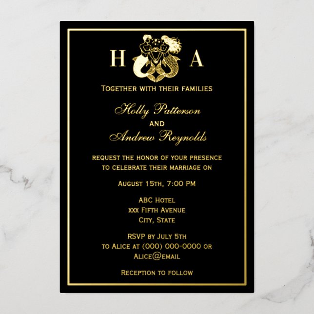 Elegante invitación de boda de sirena y tritón con (Anverso)