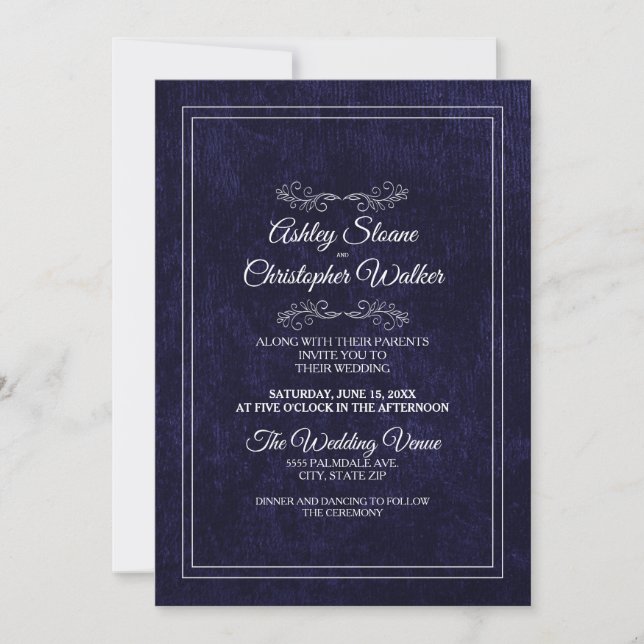 Elegante Invitación de Boda de Terciopelo Azul Mar (Anverso)
