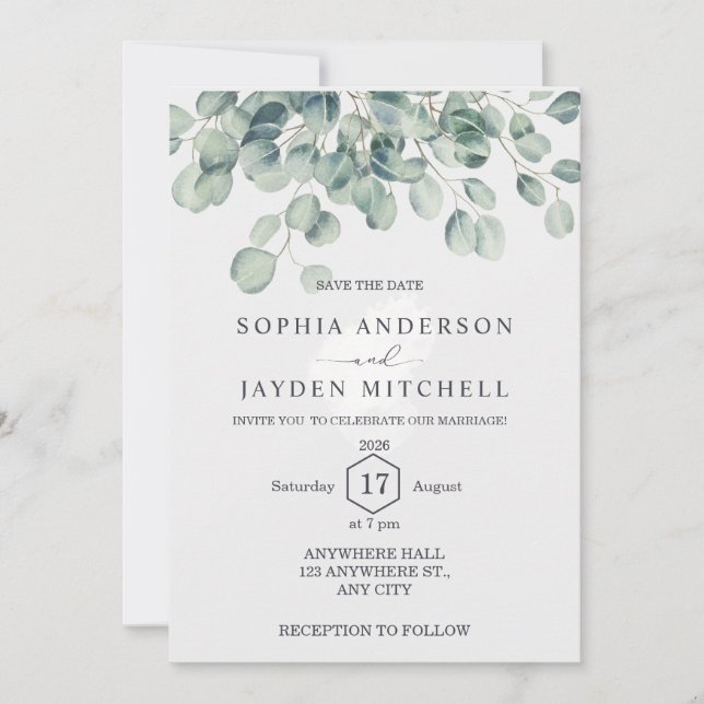 Elegante Invitación de Boda de Verde de Eucalipto  (Anverso)