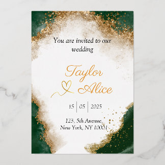 Elegante invitación de boda dorada y verde