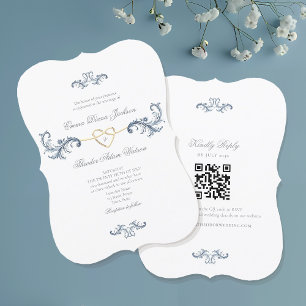 Elegante Invitación de Boda en Azul Polvoriento co