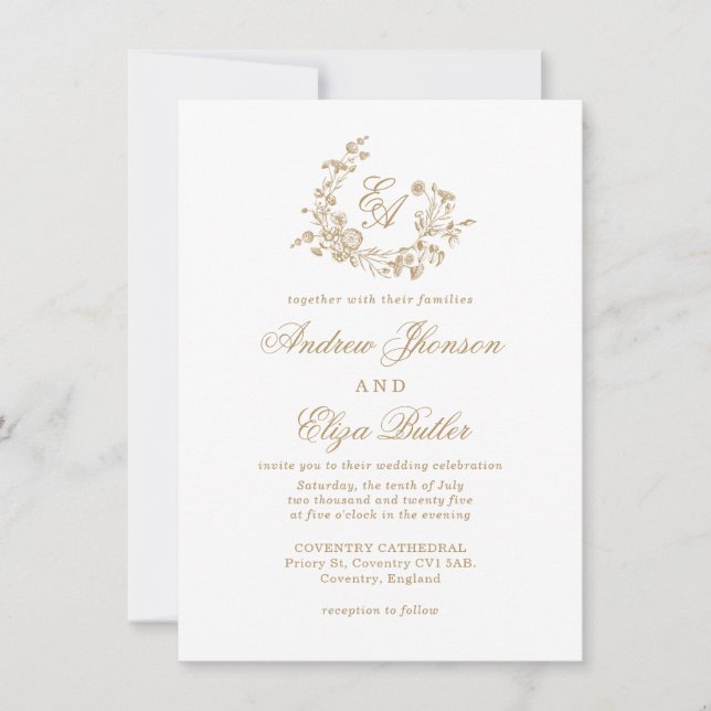 Elegante Invitación de Boda en Monograma de Oro Fl (Anverso)