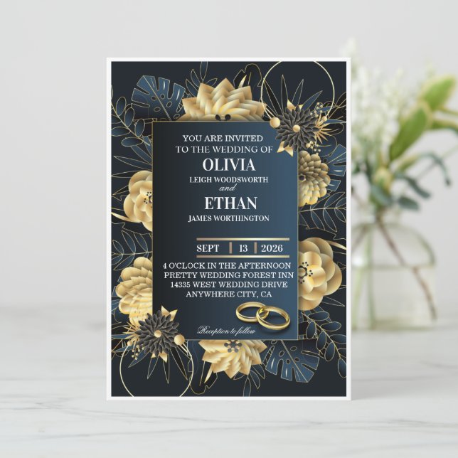 Elegante invitación de boda en negro oscuro y dora (Anverso de pie)