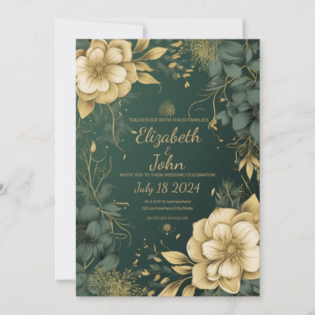 Elegante invitación de boda en oro y verde. (Anverso)