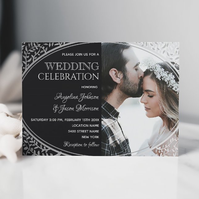 Elegante Invitación de Boda en Plata y Negro con F (Subido por el creador)