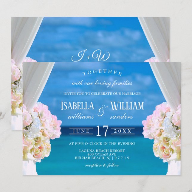 Elegante Invitación de Boda en Playa de Océano Flo (Anverso / Reverso)