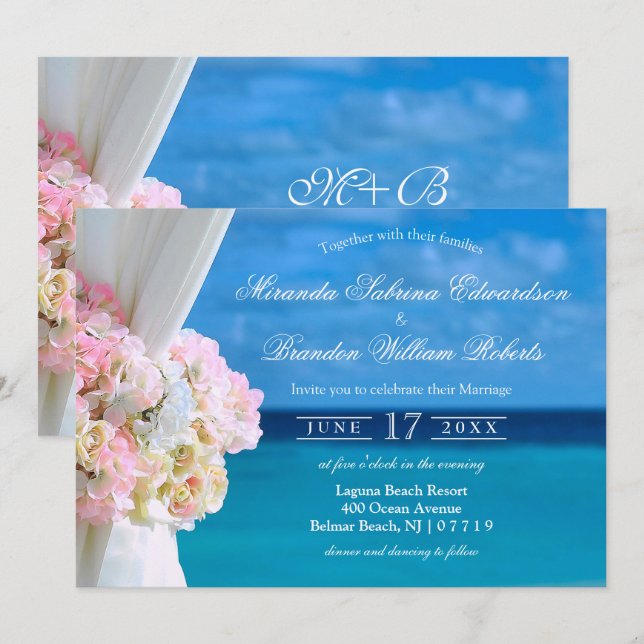 Elegante Invitación de Boda en Playa de Océano Flo (Anverso / Reverso)