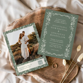 Elegante Invitación de Boda en Verde Salvia con Có