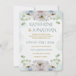 Elegante Invitación de Boda Floral Acuarela Azul