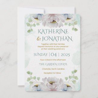 Elegante Invitación de Boda Floral Acuarela Azul