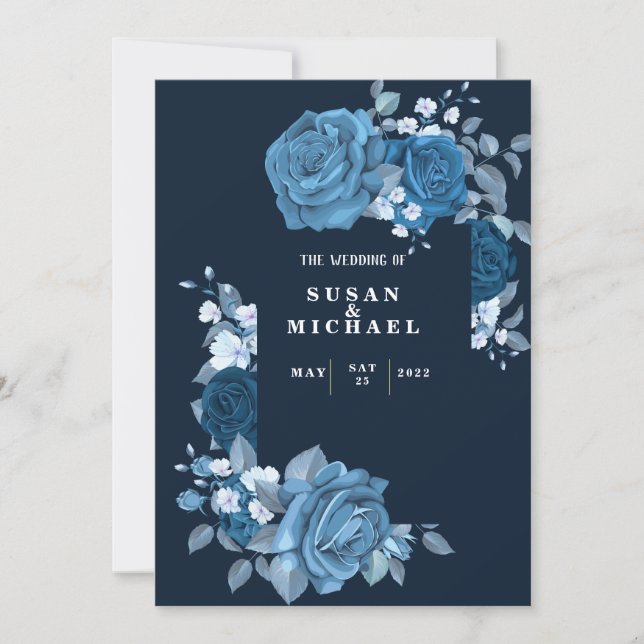 Elegante invitación de boda floral azul (Anverso)