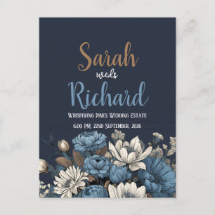 Elegante Invitación de Boda Floral Azul Marino