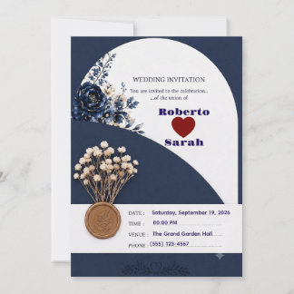 Elegante Invitación de Boda Floral Azul Marino y D
