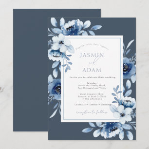 Elegante Invitación de Boda Floral Azul Pizarra