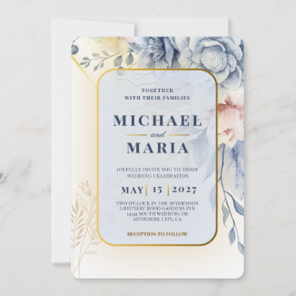 Elegante Invitación de Boda Floral Azul y Dorado