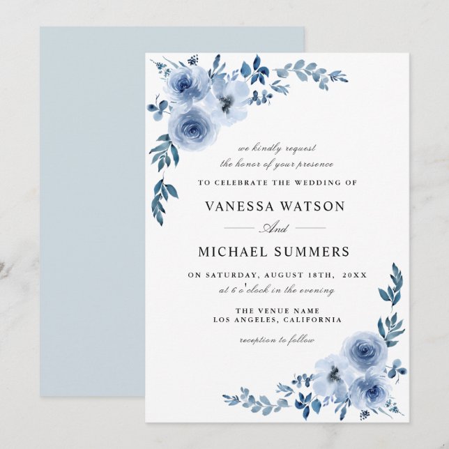 Elegante invitación de boda floral azul y polvorie