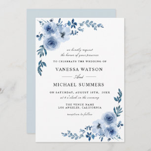 Elegante invitación de boda floral azul y polvorie
