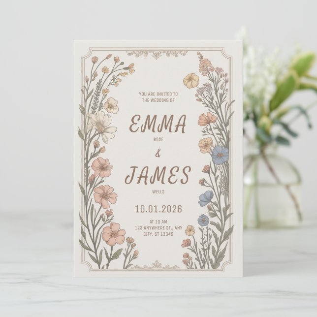 Elegante Invitación de Boda Floral Boho (Anverso de pie)
