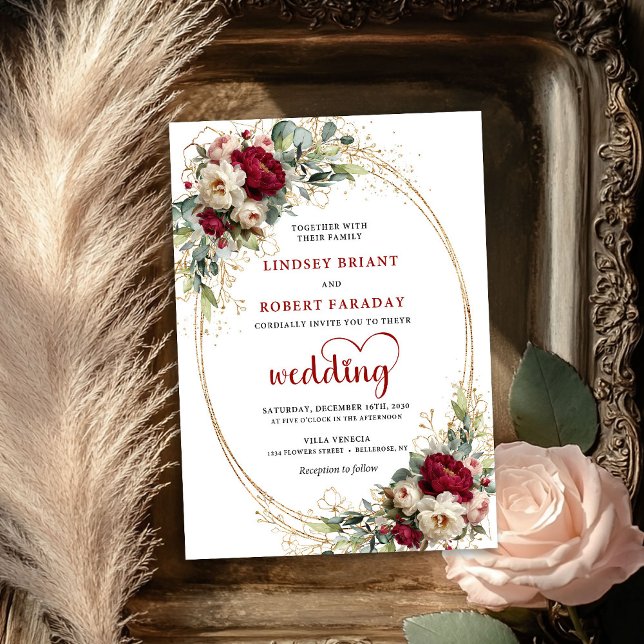Elegante Invitación de Boda Floral Boho Borgoña (Elegant Burgundy Boho Floral Wedding Invitation)