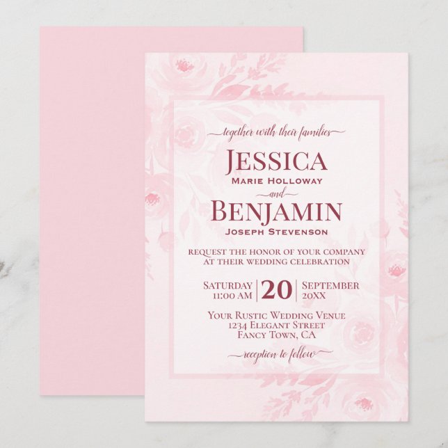 Elegante Invitación de Boda Floral Boho Chic Rosa  (Anverso / Reverso)