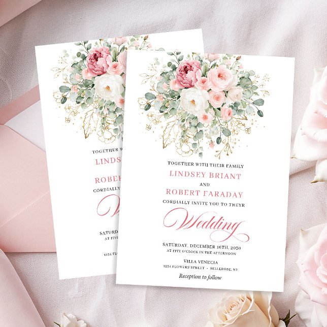 Elegante Invitación de Boda Floral Boho Rosa Rubor (Elegant Blush Rose Boho Floral Wedding Invitation)