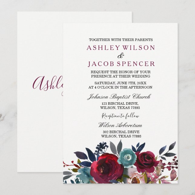 Elegante Invitación de Boda Floral Borgoña Primave (Anverso / Reverso)