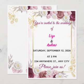 Elegante Invitación de Boda Floral Burgundy y Dora