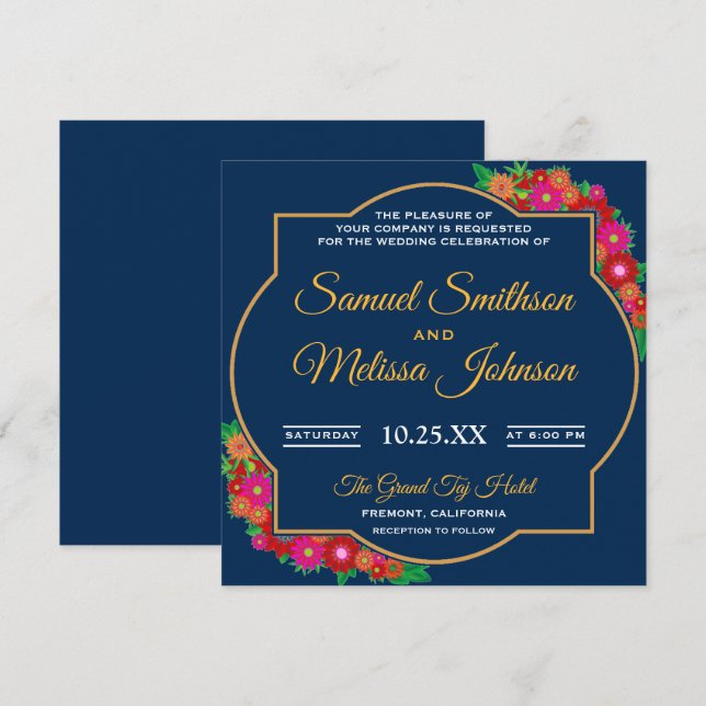 Elegante Invitación de Boda Floral Chic Azul (Anverso / Reverso)