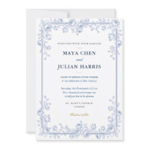 Elegante invitación de boda floral chinoiserie azu