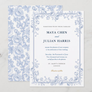 Elegante invitación de boda floral chinoiserie azu