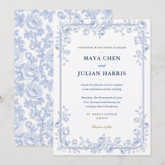 Elegante invitación de boda floral chinoiserie azu