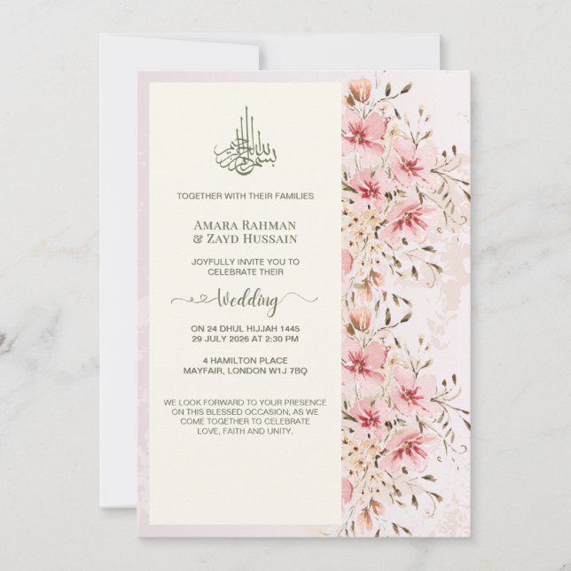 Elegante Invitación de Boda Floral con Acuarela (Anverso)