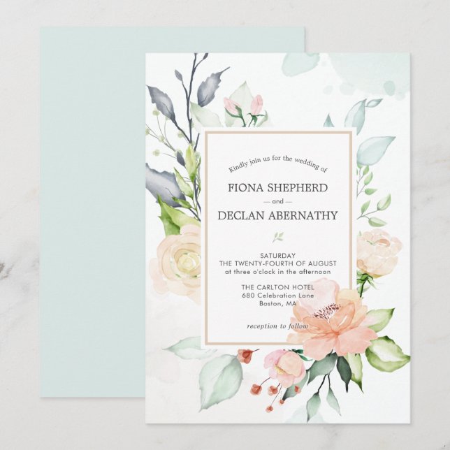 Elegante Invitación de Boda Floral con Acuarela Ro (Anverso / Reverso)