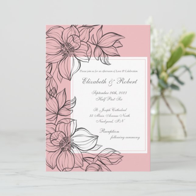 Elegante Invitación de boda floral con mano rosada (Anverso de pie)