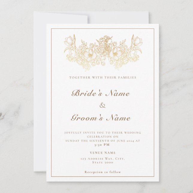 Elegante invitación de boda floral crema y dorada (Anverso)
