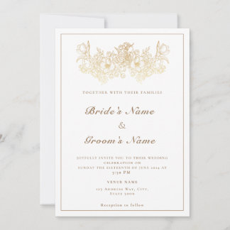 Elegante invitación de boda floral crema y dorada