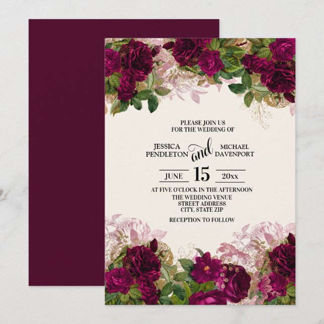 Elegante Invitación de Boda Floral de Ciruela Mora (Anverso / Reverso)