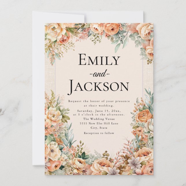 Elegante Invitación de Boda Floral de Crema de Mel (Anverso)