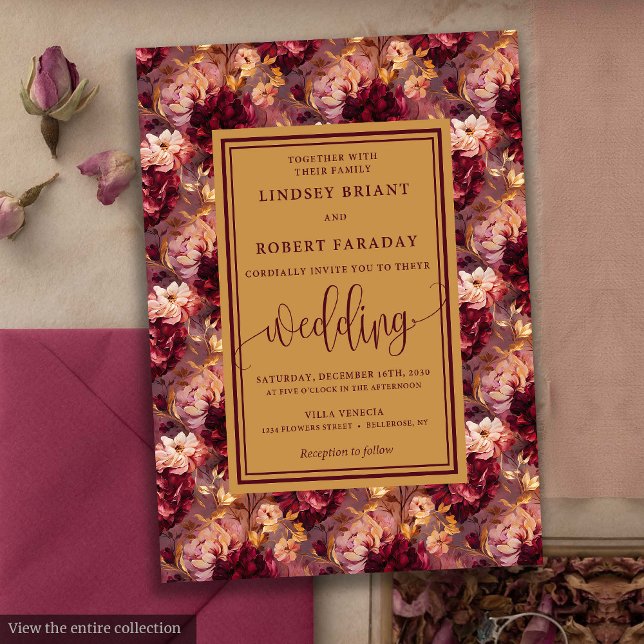 Elegante Invitación de Boda Floral de Oro Borgoña  (Elegant Luxury Burgundy Gold Floral Wedding Invitation)